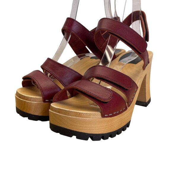 Hasbeens Swedish Women’s Burgundy Leather Wooden Platform Sandals Size US 10 - Picture 3 of 8